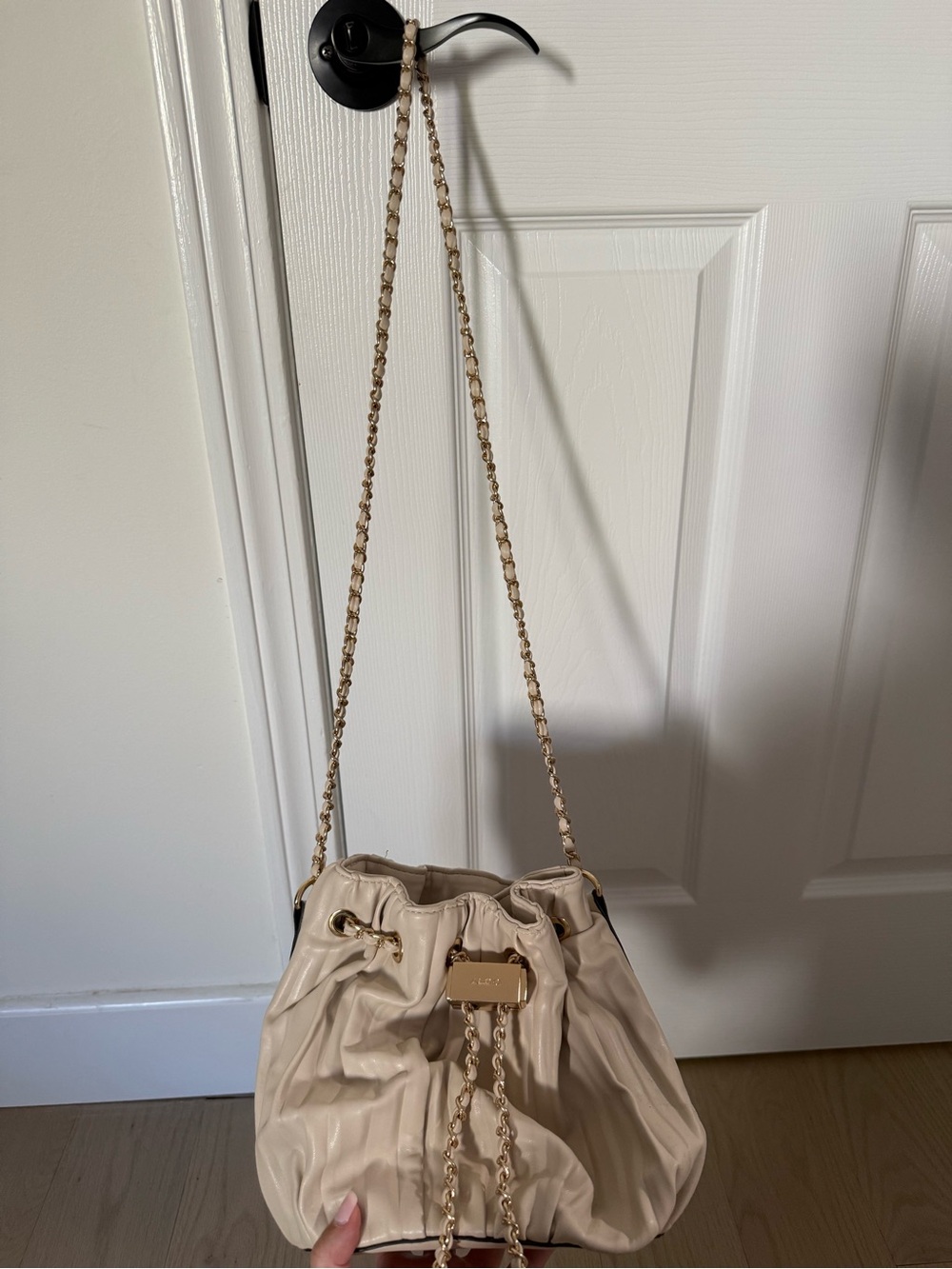 Aldo Beige Drawstring Shoulder Bag with Chain Strap